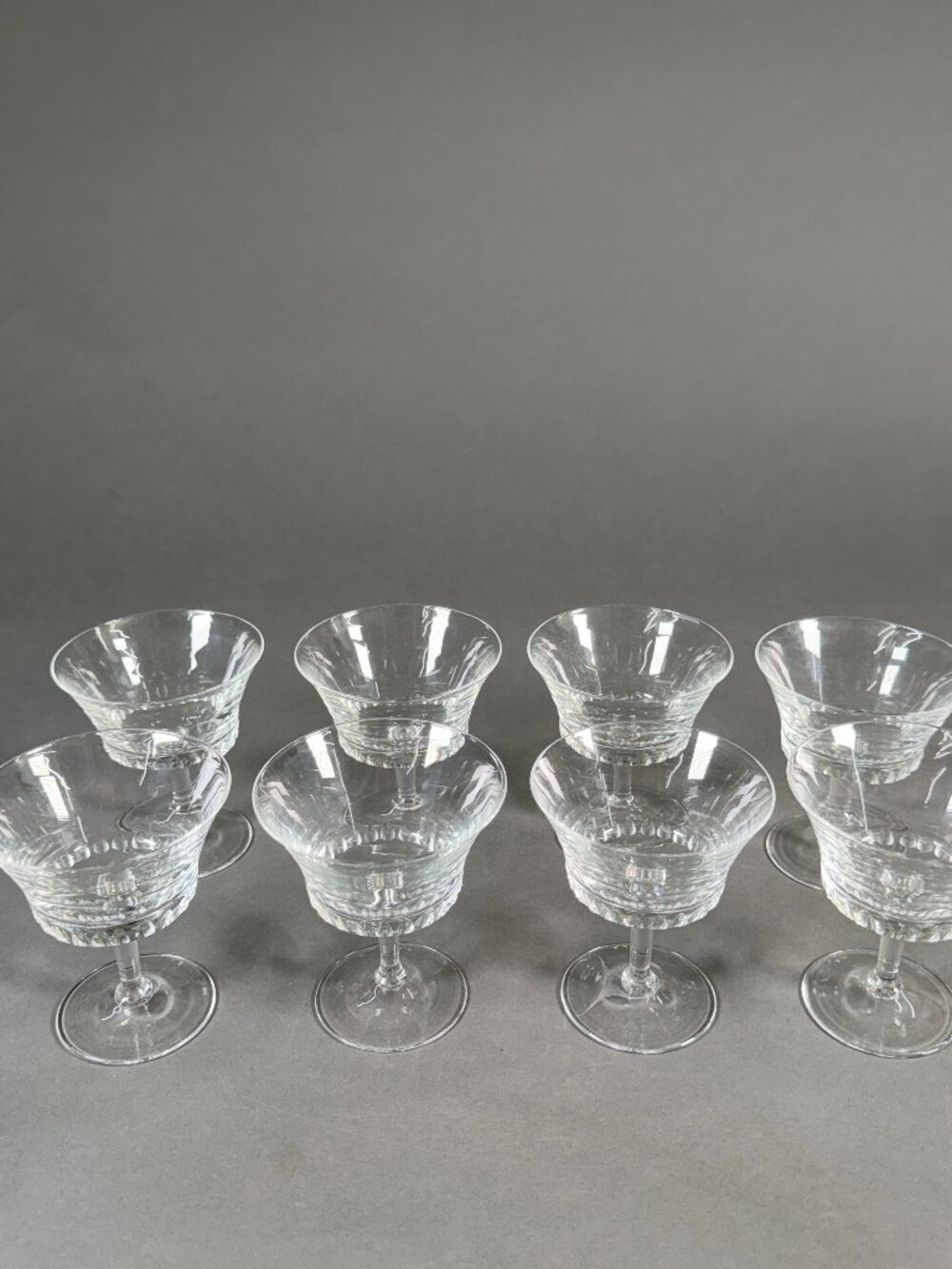 Set of 8 Vintage Etched Crystal Champagne Coupe Glasses Leaf & Thumbprint 4.5"